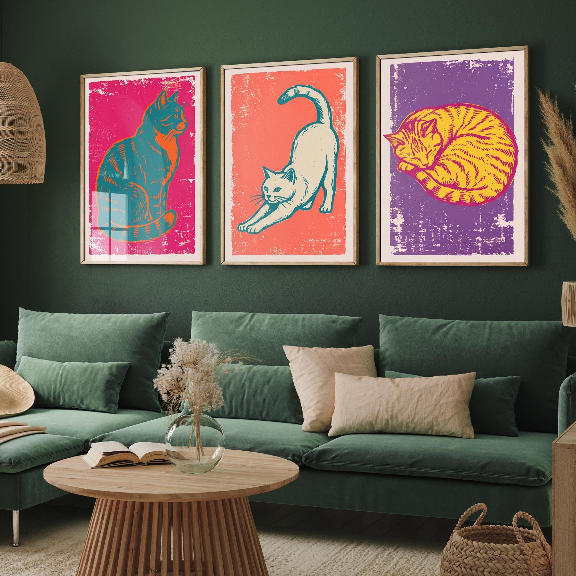 Sitting Cat, Stretching Cat and Sleeping Cat - Set of Three Cat Art Prints - Linocut Illustrations - Cat Posters V1