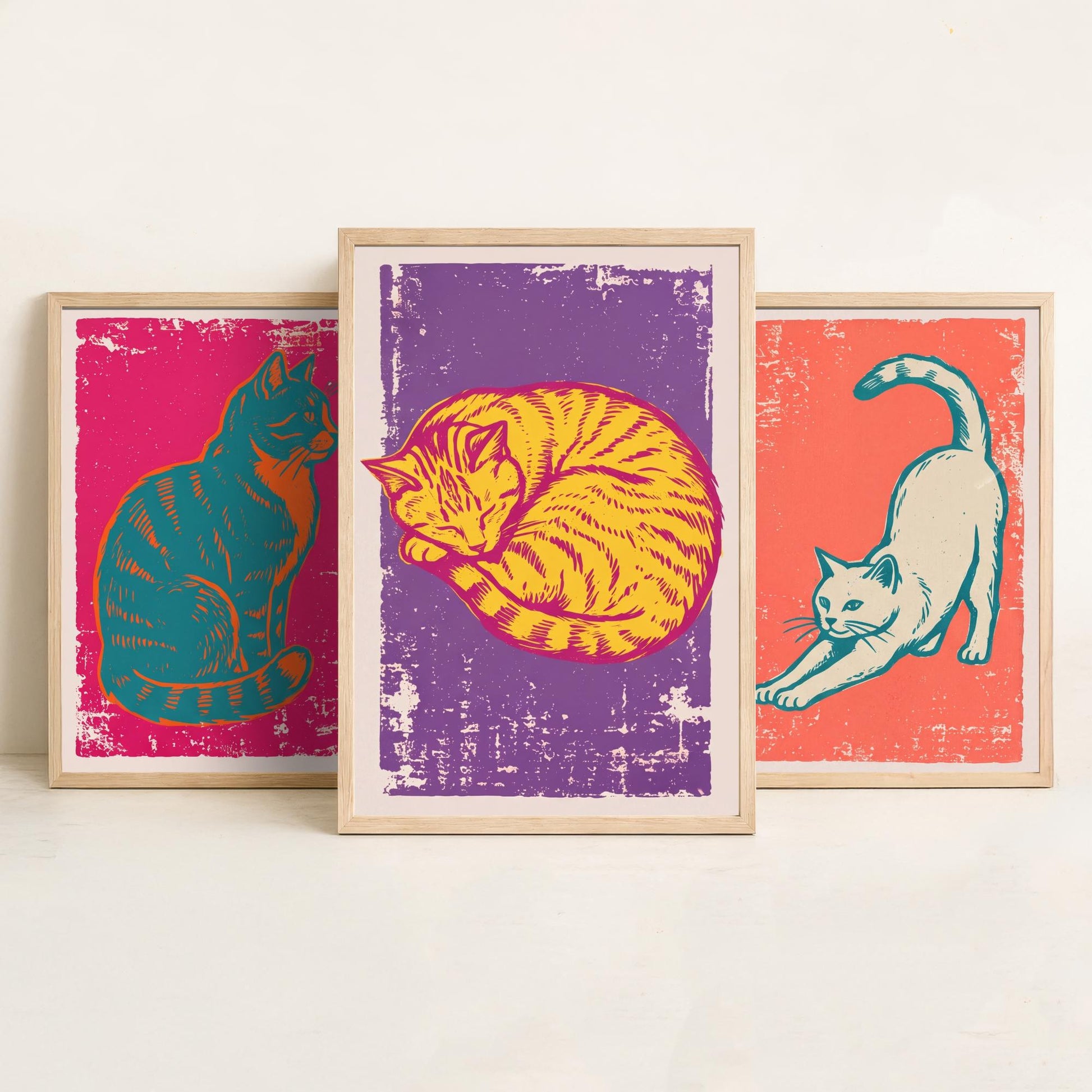 Sitting Cat, Stretching Cat and Sleeping Cat - Set of Three Cat Art Prints - Linocut Illustrations - Cat Posters V1