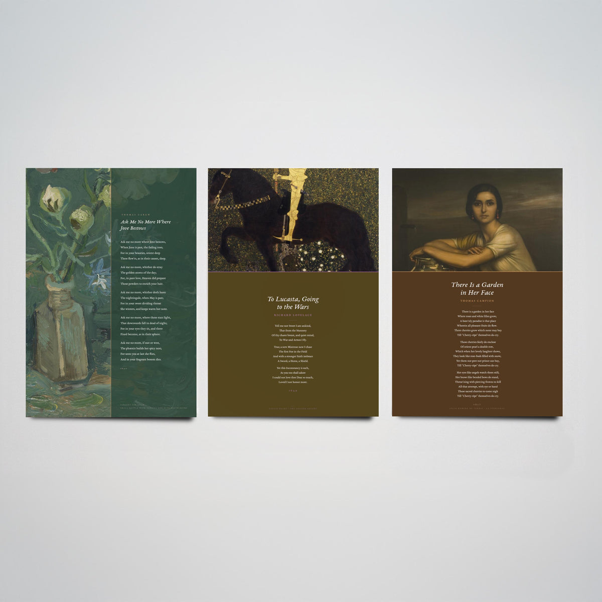 Cavalier and Courtly Love Poems Set of Three Art Prints - Carew, Lovelace, Campion Verse over Classic Paintings - Poetry Poster Triptych