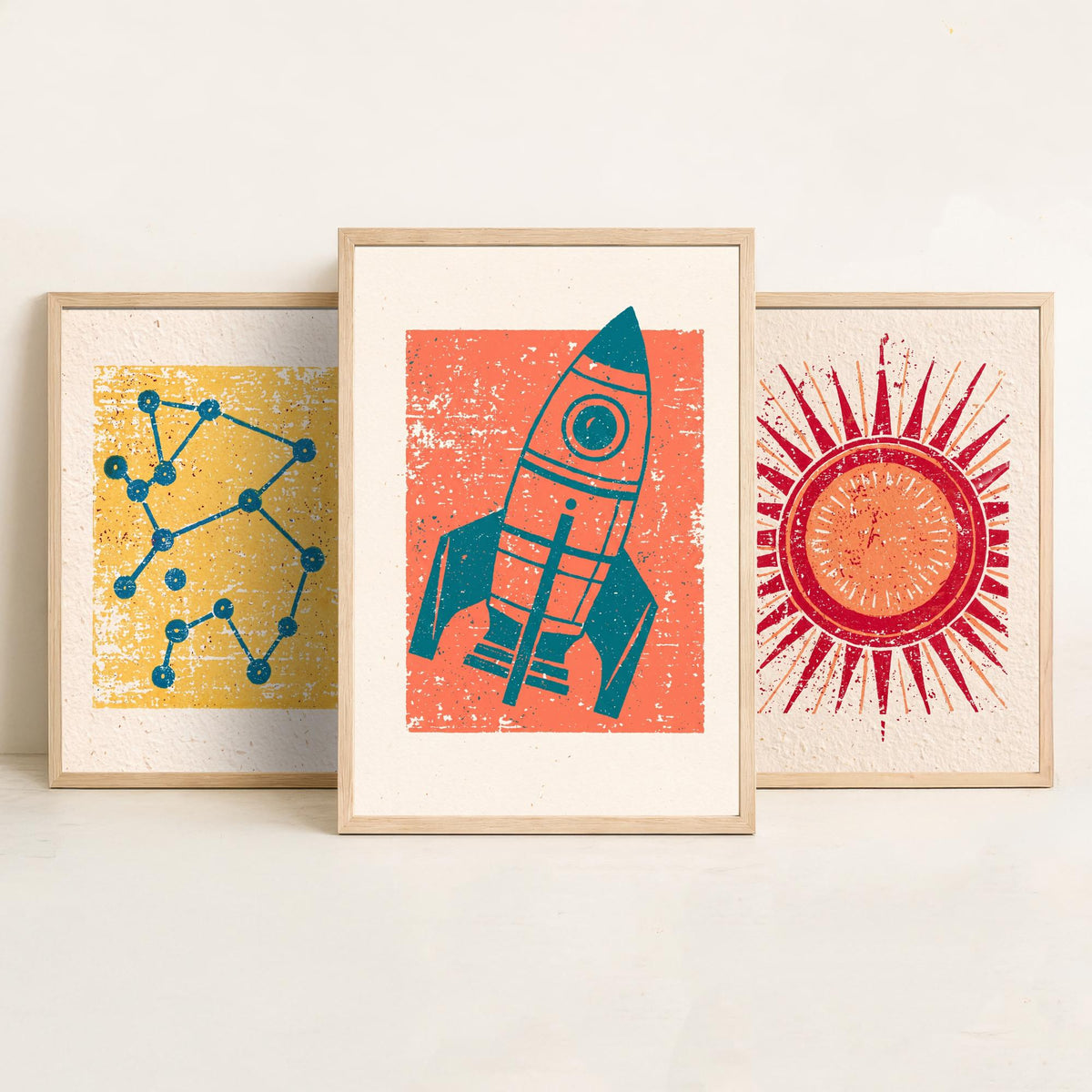 Celestial Space Linocut Set of Three Art Prints - Constellation, Blazing Sun, Rocket Ship - Retro Block Print Illustration Posters V2