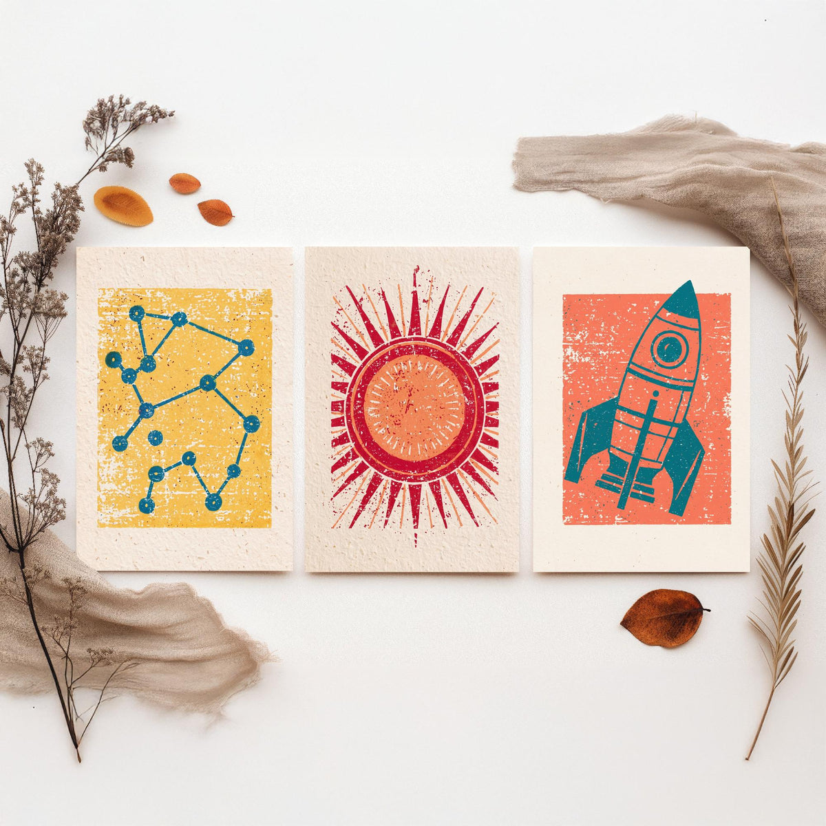 Celestial Space Linocut Set of Three Art Prints - Constellation, Blazing Sun, Rocket Ship - Retro Block Print Illustration Posters V2