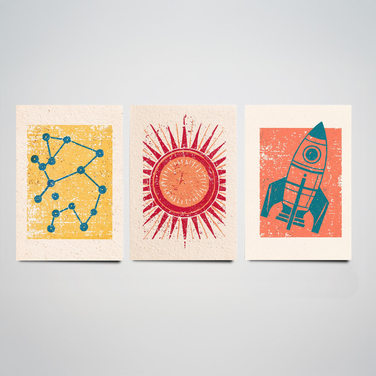 Celestial Space Linocut Set of Three Art Prints - Constellation, Blazing Sun, Rocket Ship - Retro Block Print Illustration Posters V2