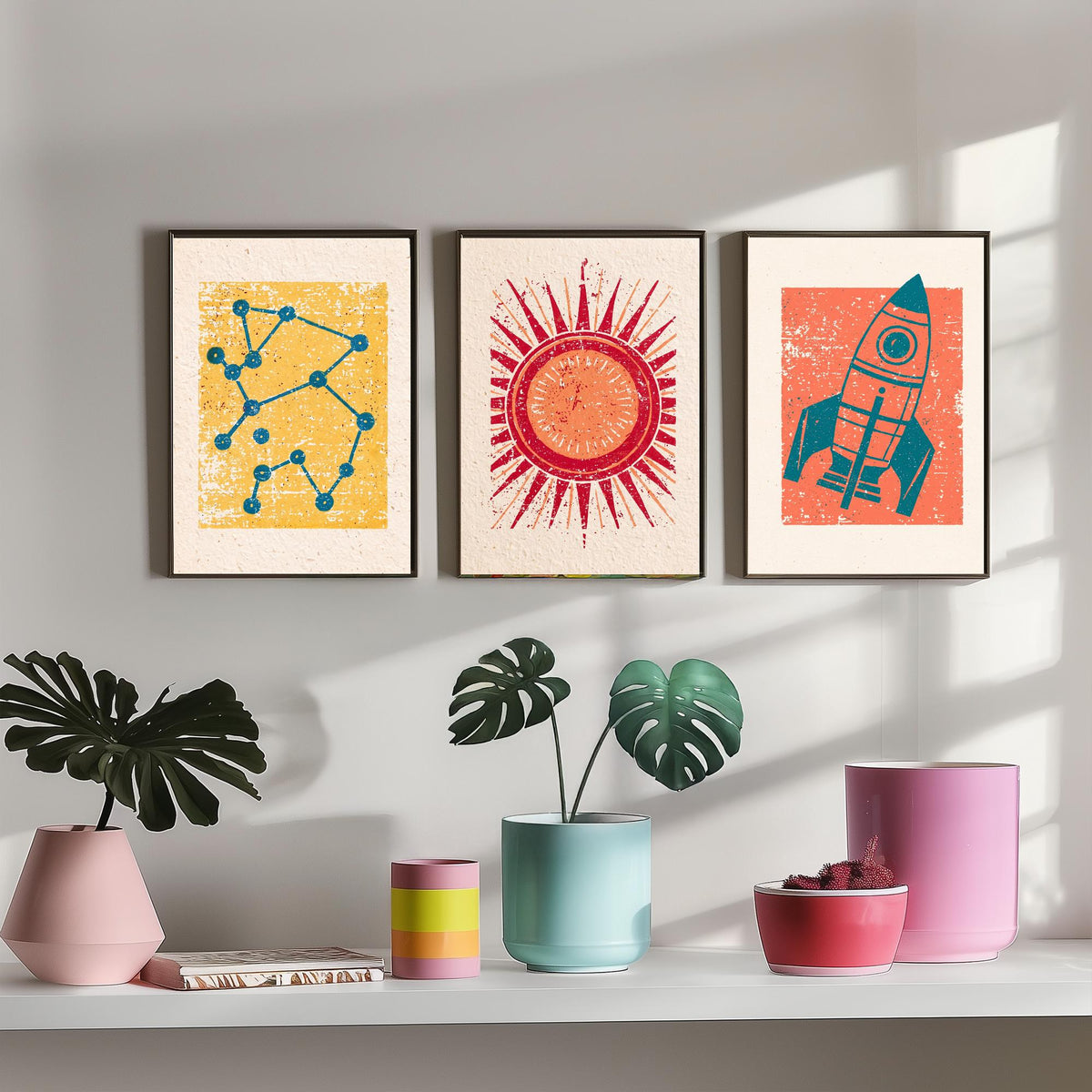 Celestial Space Linocut Set of Three Art Prints - Constellation, Blazing Sun, Rocket Ship - Retro Block Print Illustration Posters V2