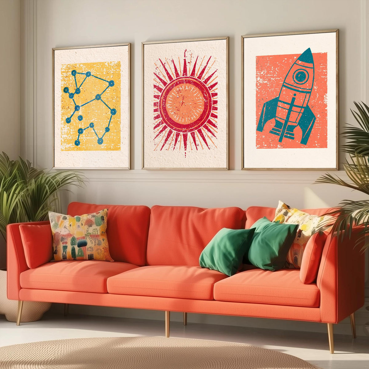 Celestial Space Linocut Set of Three Art Prints - Constellation, Blazing Sun, Rocket Ship - Retro Block Print Illustration Posters V2