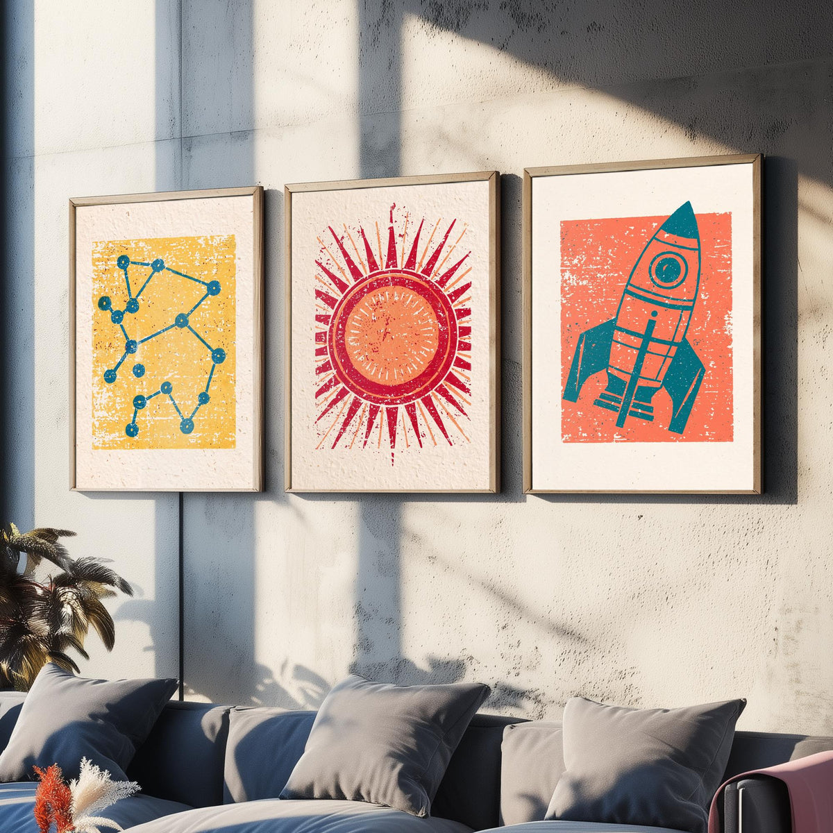 Celestial Space Linocut Set of Three Art Prints - Constellation, Blazing Sun, Rocket Ship - Retro Block Print Illustration Posters V2