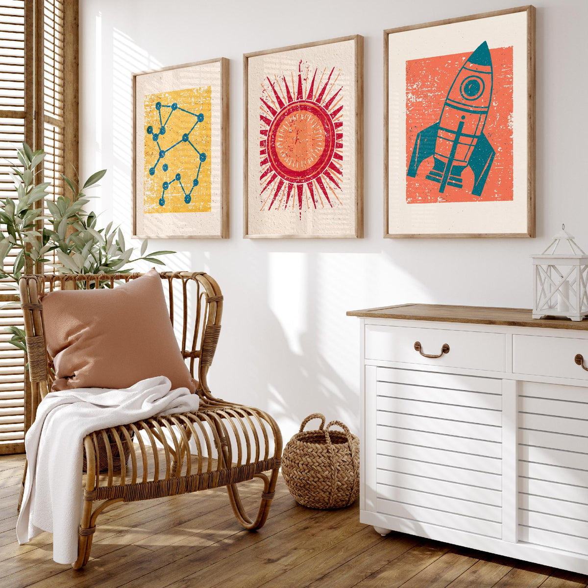 Celestial Space Linocut Set of Three Art Prints - Constellation, Blazing Sun, Rocket Ship - Retro Block Print Illustration Posters V2