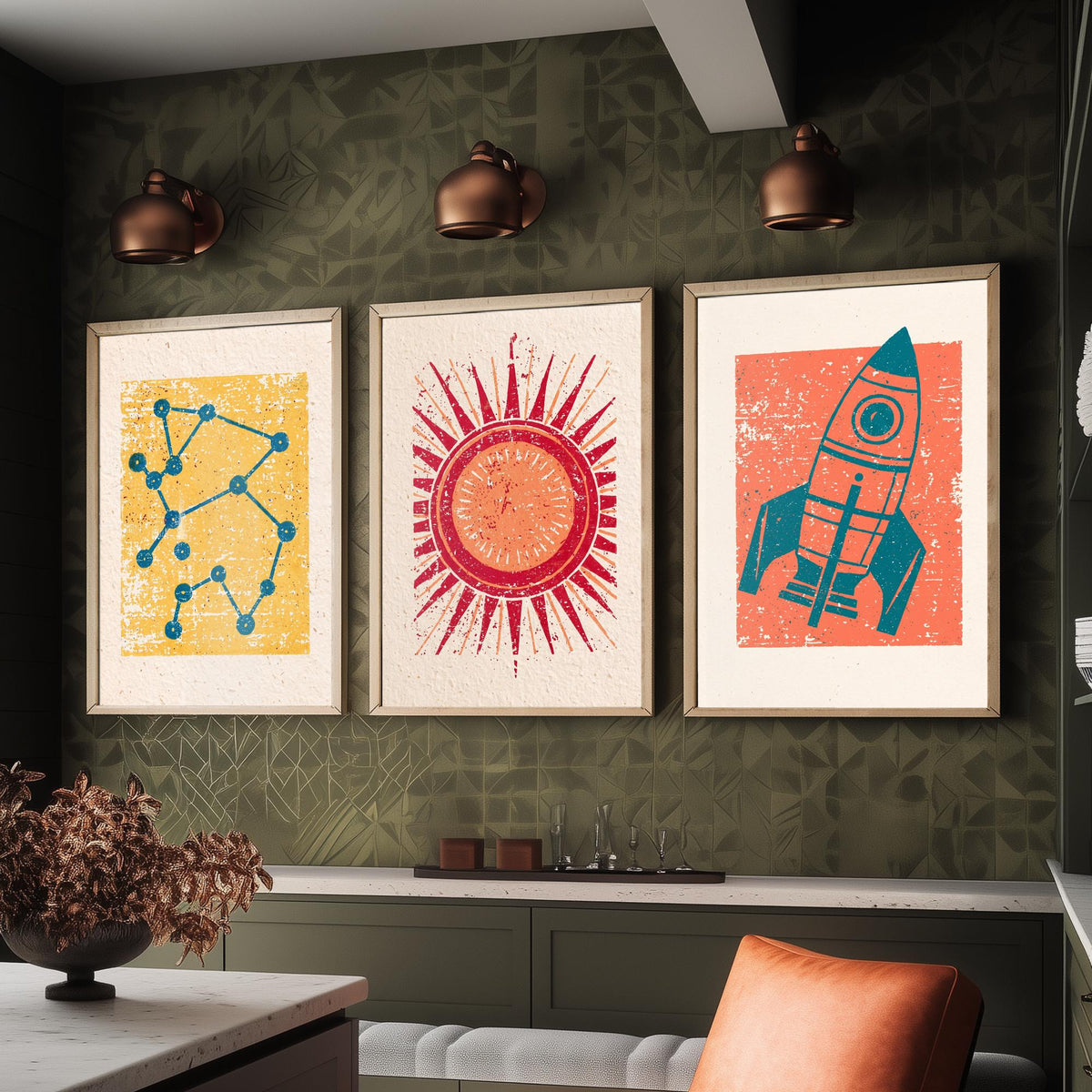Celestial Space Linocut Set of Three Art Prints - Constellation, Blazing Sun, Rocket Ship - Retro Block Print Illustration Posters V2