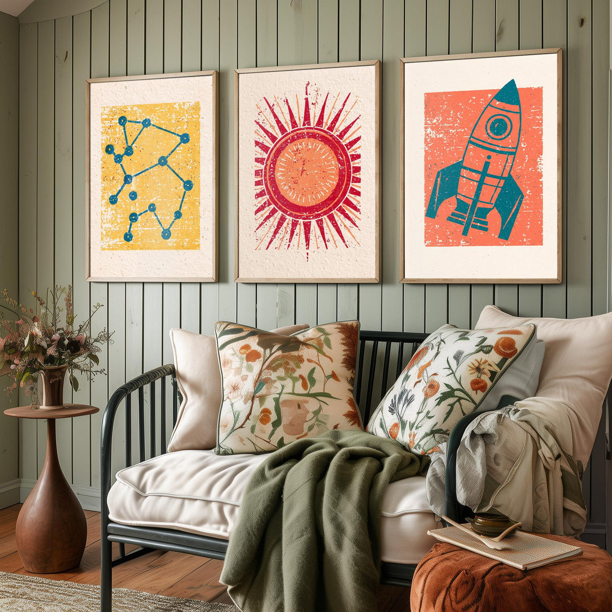 Celestial Space Linocut Set of Three Art Prints - Constellation, Blazing Sun, Rocket Ship - Retro Block Print Illustration Posters V2