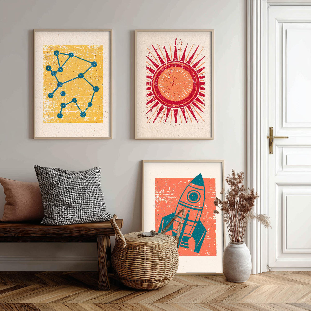 Celestial Space Linocut Set of Three Art Prints - Constellation, Blazing Sun, Rocket Ship - Retro Block Print Illustration Posters V2