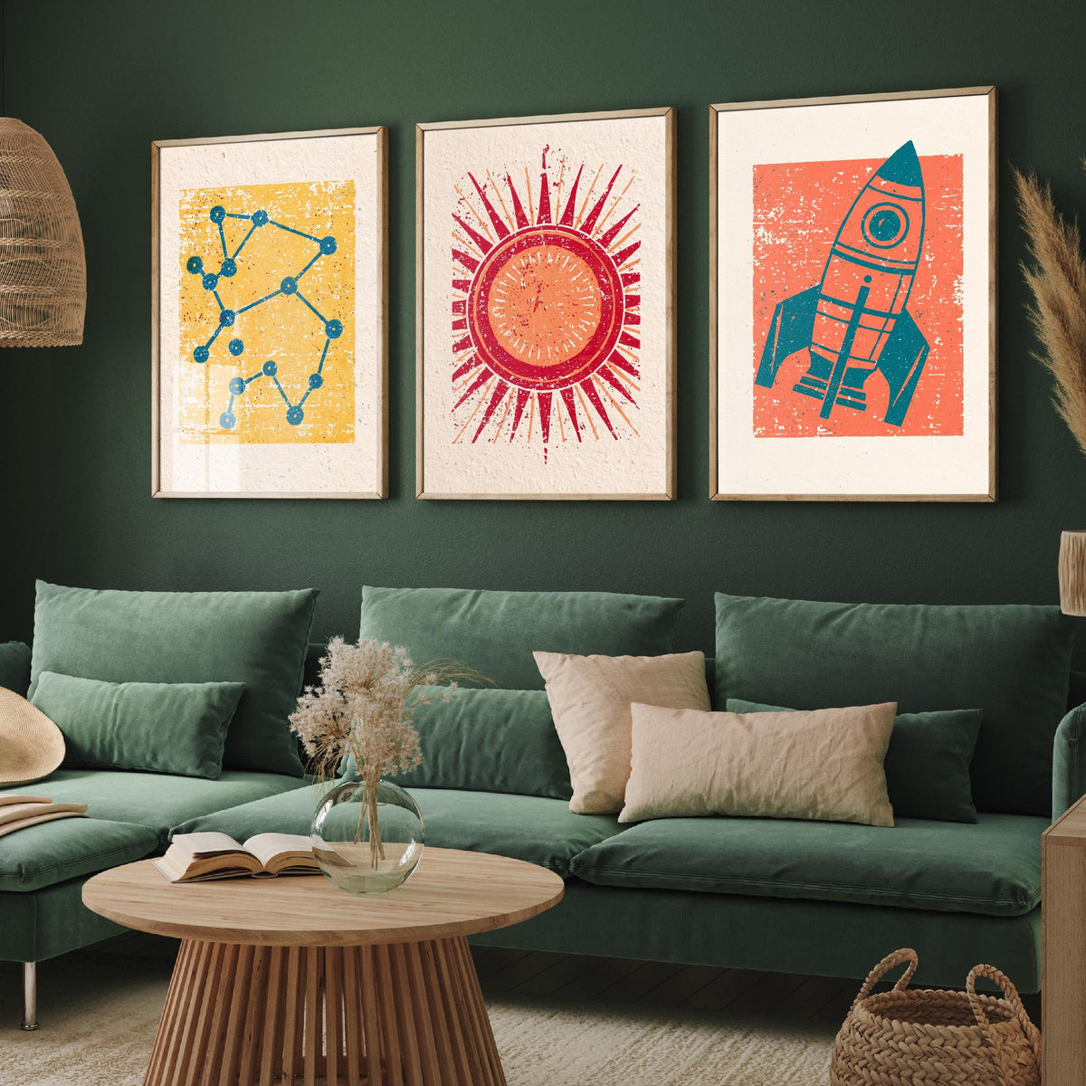 Celestial Space Linocut Set of Three Art Prints - Constellation, Blazing Sun, Rocket Ship - Retro Block Print Illustration Posters V2