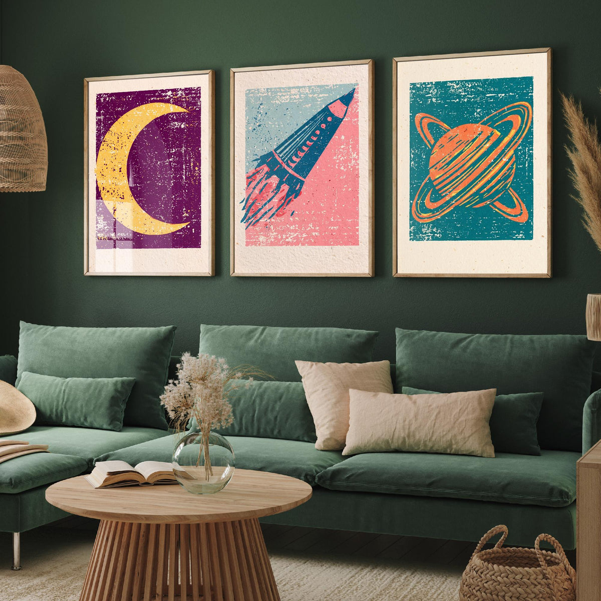Celestial Space Linocut Set of Three Art Prints - Crescent Moon, Rocket Launch, Saturn - Retro Block Print Illustration Posters V1