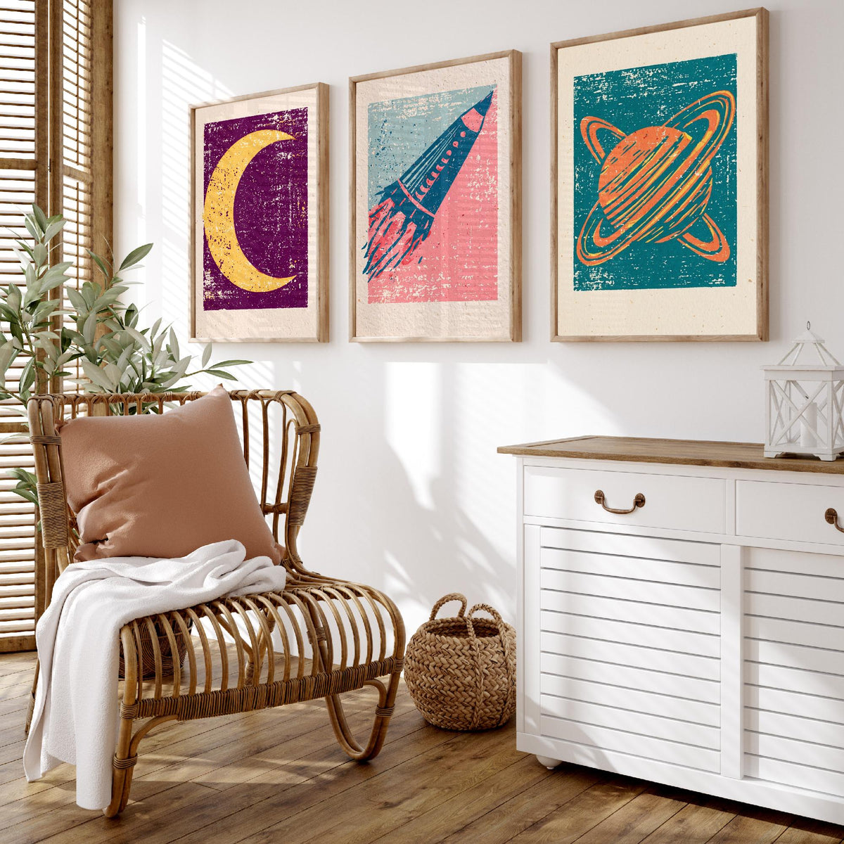 Celestial Space Linocut Set of Three Art Prints - Crescent Moon, Rocket Launch, Saturn - Retro Block Print Illustration Posters V1
