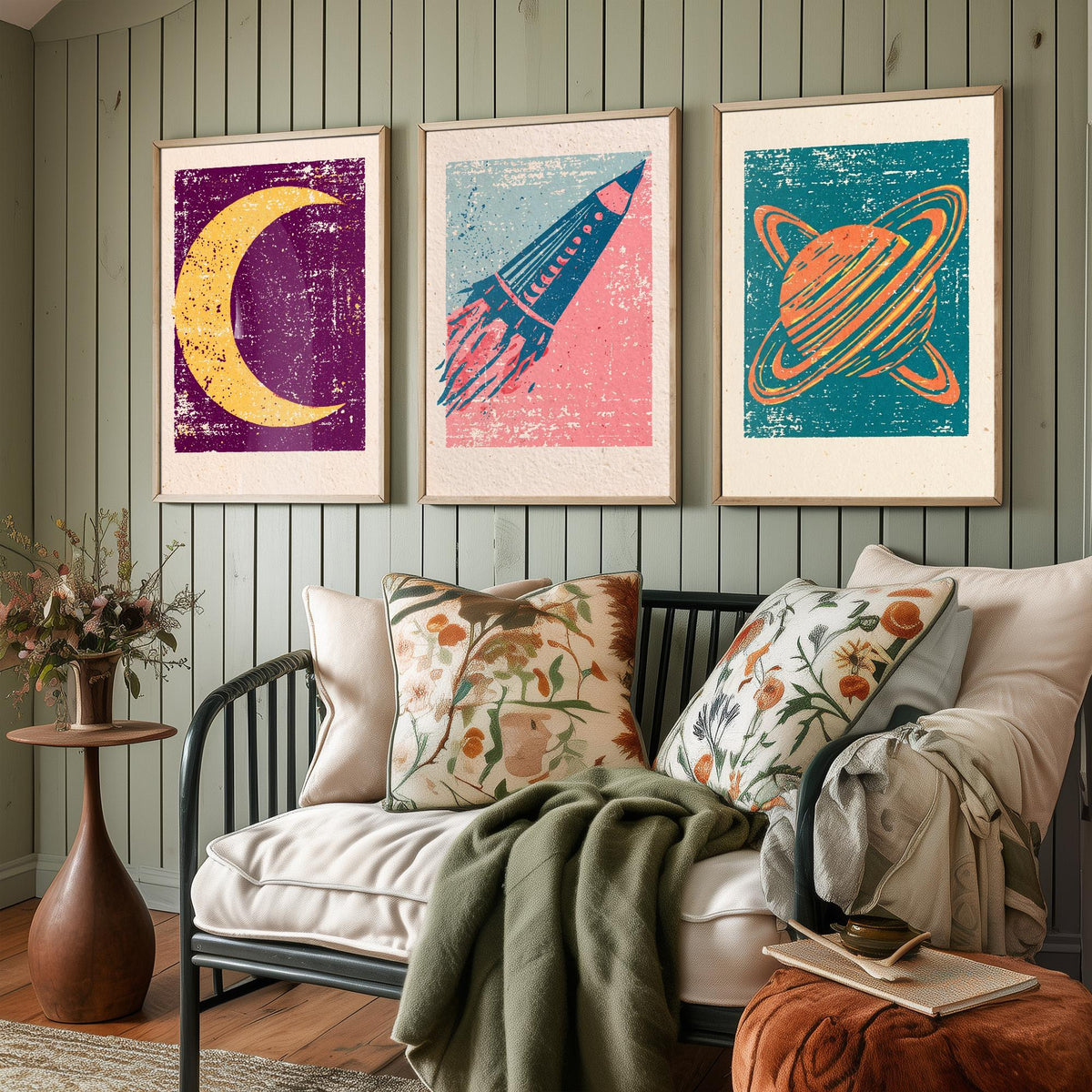 Celestial Space Linocut Set of Three Art Prints - Crescent Moon, Rocket Launch, Saturn - Retro Block Print Illustration Posters V1