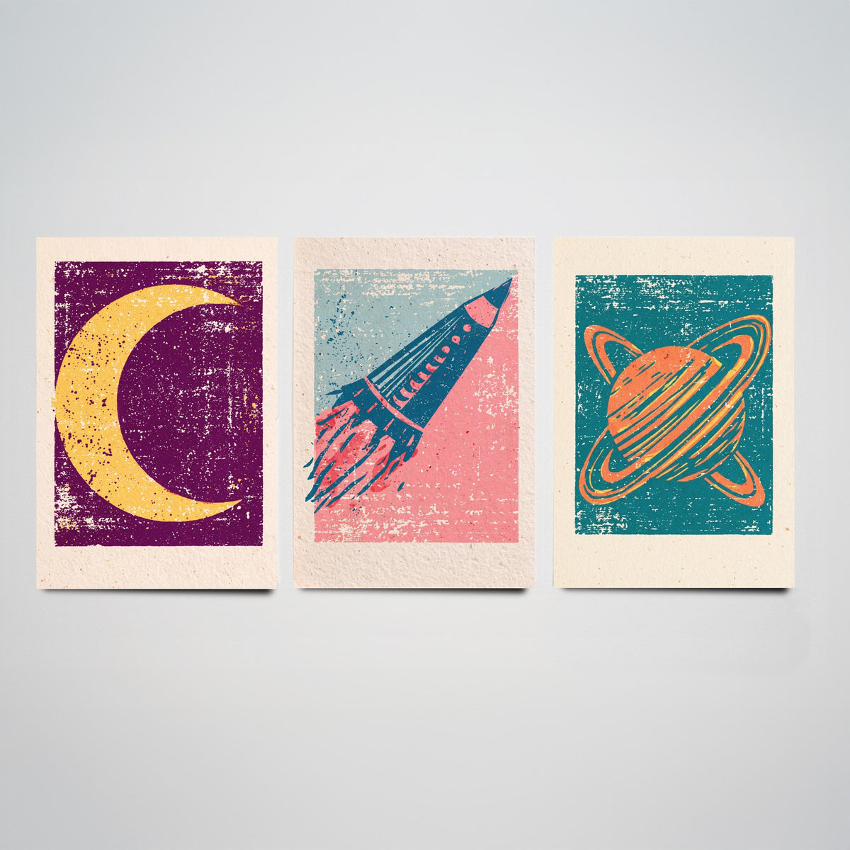Celestial Space Linocut Set of Three Art Prints - Crescent Moon, Rocket Launch, Saturn - Retro Block Print Illustration Posters V1