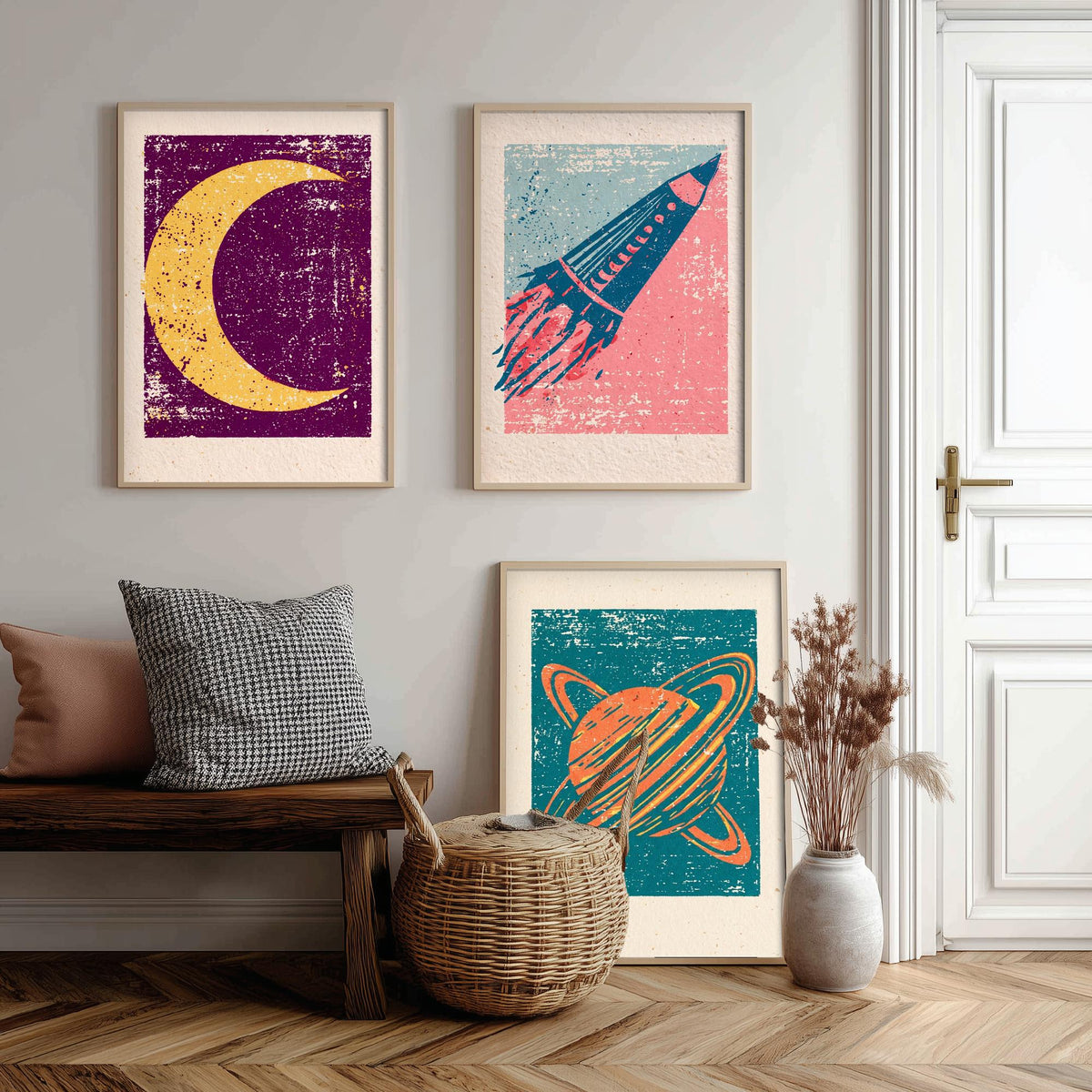 Celestial Space Linocut Set of Three Art Prints - Crescent Moon, Rocket Launch, Saturn - Retro Block Print Illustration Posters V1