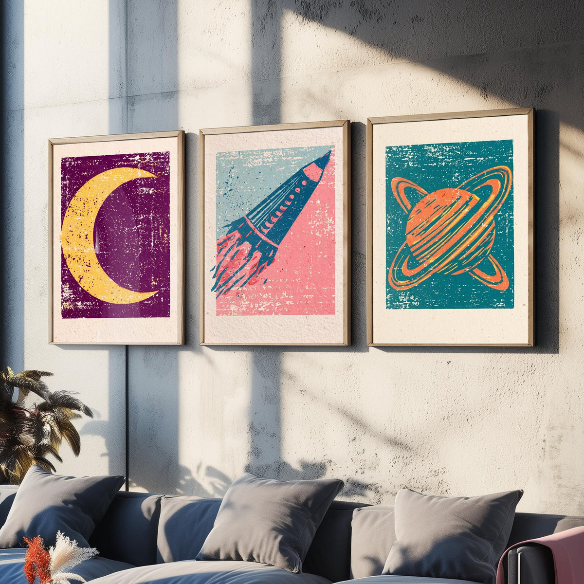 Celestial Space Linocut Set of Three Art Prints - Crescent Moon, Rocket Launch, Saturn - Retro Block Print Illustration Posters V1