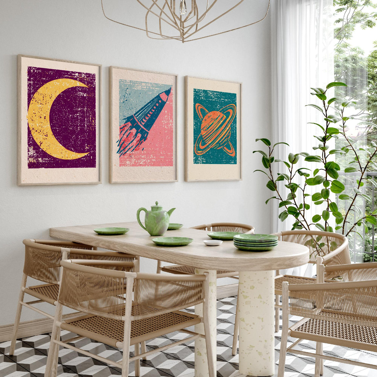Celestial Space Linocut Set of Three Art Prints - Crescent Moon, Rocket Launch, Saturn - Retro Block Print Illustration Posters V1