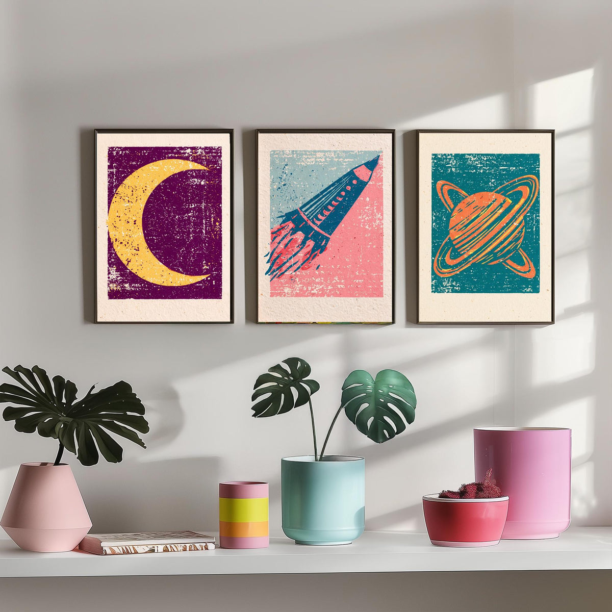 Celestial Space Linocut Set of Three Art Prints - Crescent Moon, Rocket Launch, Saturn - Retro Block Print Illustration Posters V1