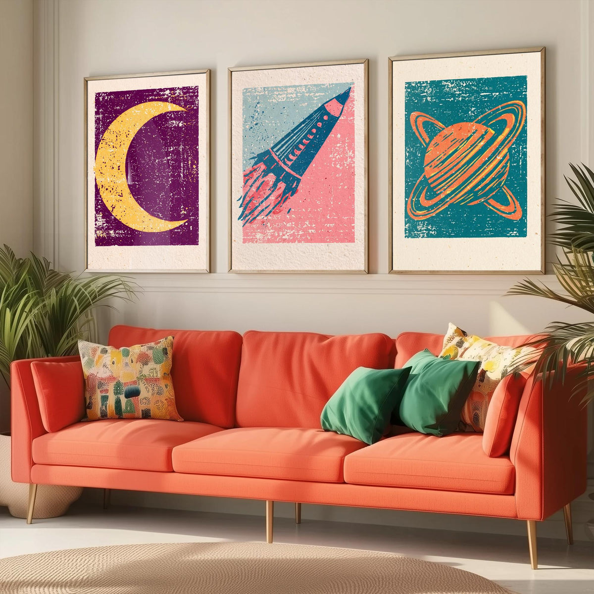 Celestial Space Linocut Set of Three Art Prints - Crescent Moon, Rocket Launch, Saturn - Retro Block Print Illustration Posters V1