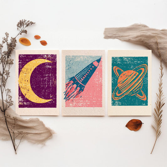 Celestial Space Linocut Set of Three Art Prints - Crescent Moon, Rocket Launch, Saturn - Retro Block Print Illustration Posters V1