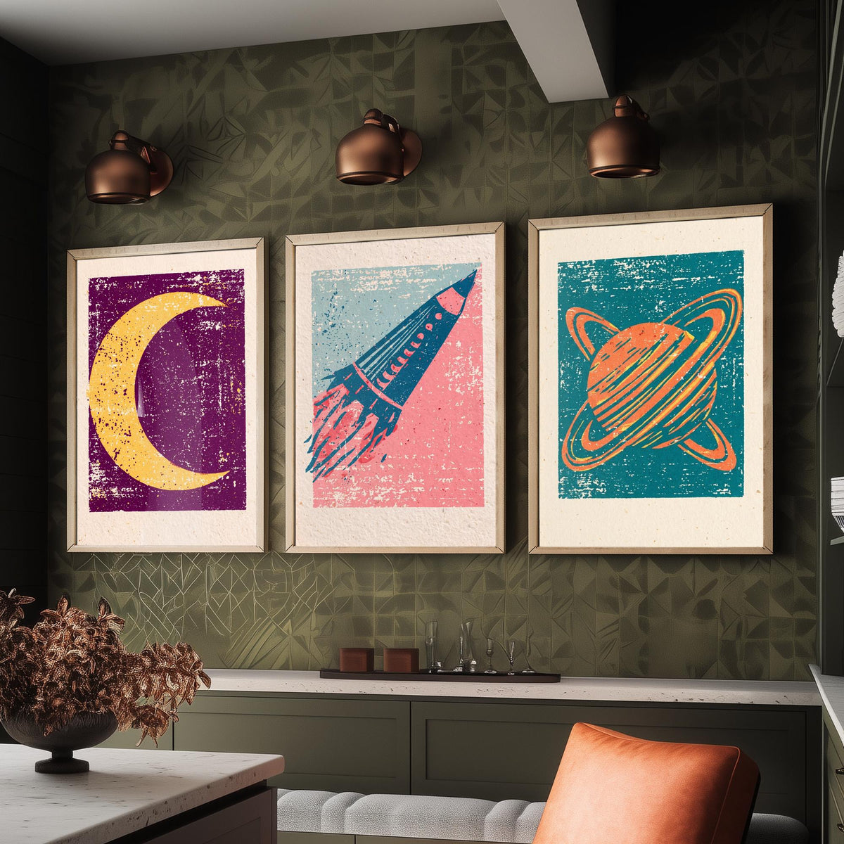 Celestial Space Linocut Set of Three Art Prints - Crescent Moon, Rocket Launch, Saturn - Retro Block Print Illustration Posters V1
