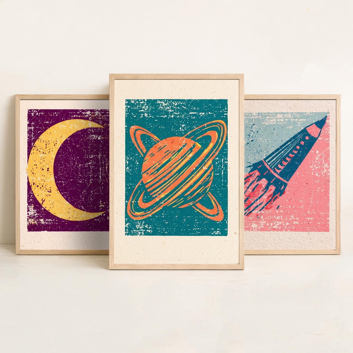 Celestial Space Linocut Set of Three Art Prints - Crescent Moon, Rocket Launch, Saturn - Retro Block Print Illustration Posters V1