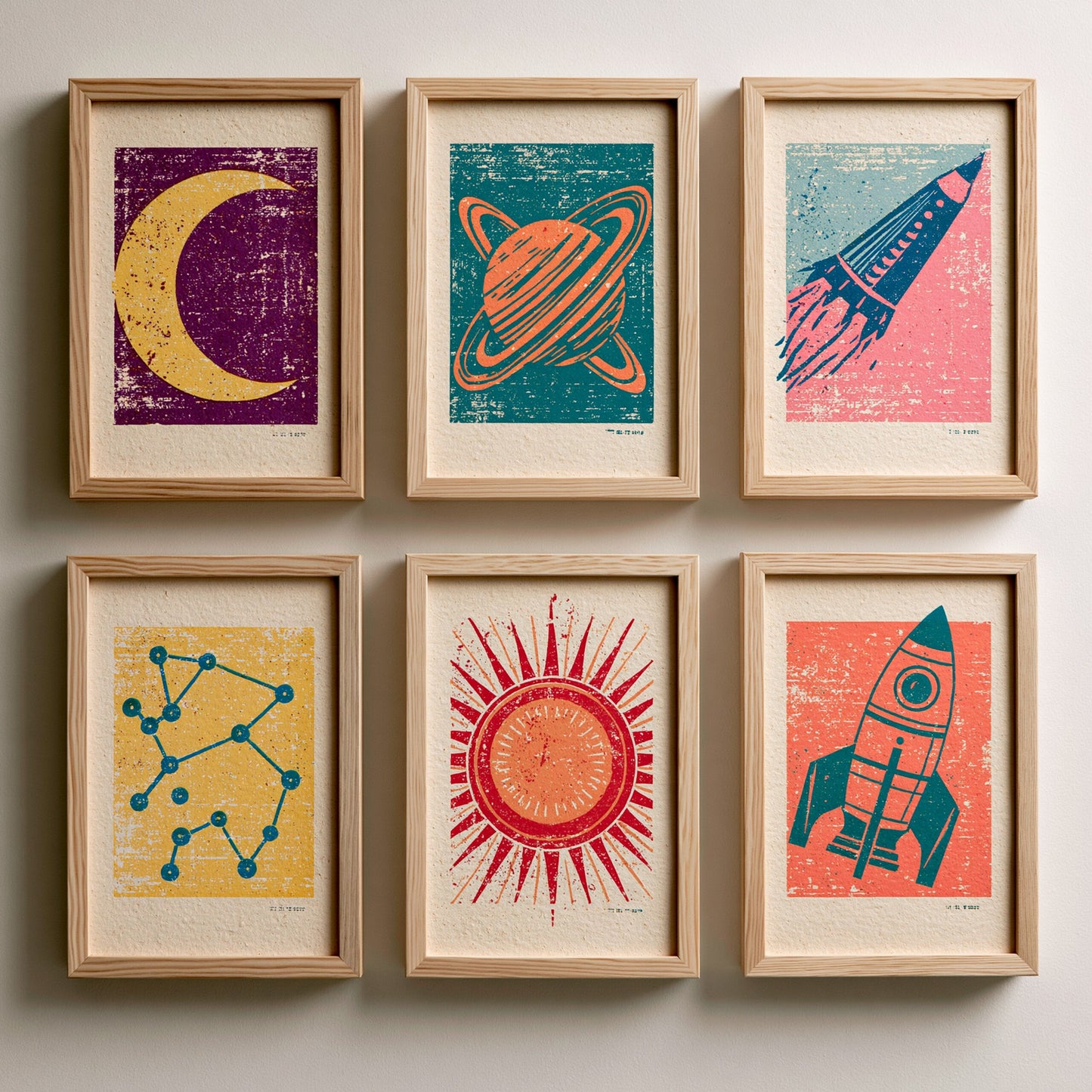 Set of Six Retro Space Linocut Art Prints - 6 Celestial Illustrations - Crescent Moon, Saturn, Rocket, Orion, Sun - Poster