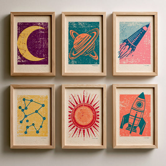 Set of Six Retro Space Linocut Art Prints - 6 Celestial Illustrations - Crescent Moon, Saturn, Rocket, Orion, Sun - Poster