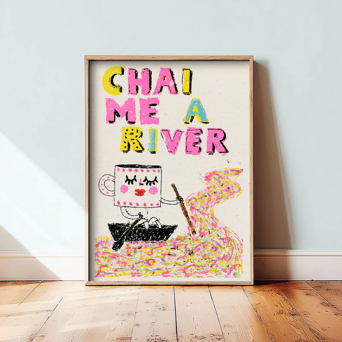 Chai Me a River Art Print - Rowing Teacup Character Poster - Rainbow Scribble Tea Illustration