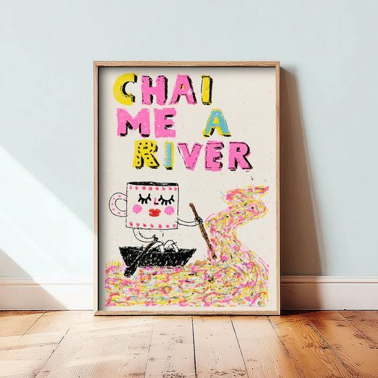 Chai Me a River Art Print - Rowing Teacup Character Poster - Rainbow Scribble Tea Illustration