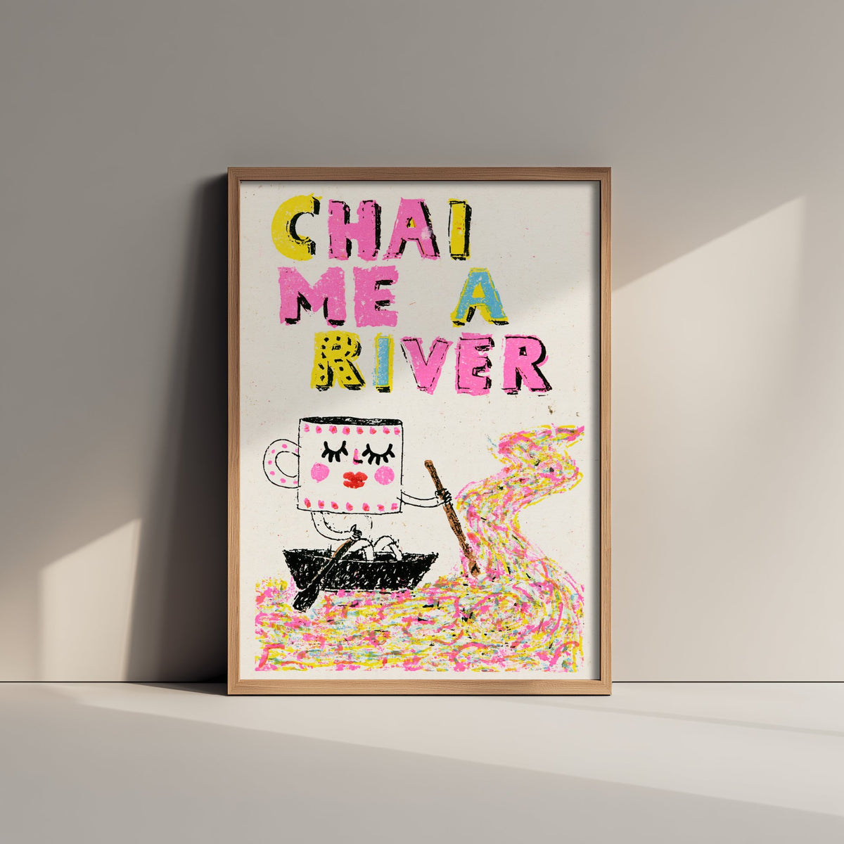 Chai Me a River Art Print - Rowing Teacup Character Poster - Rainbow Scribble Tea Illustration