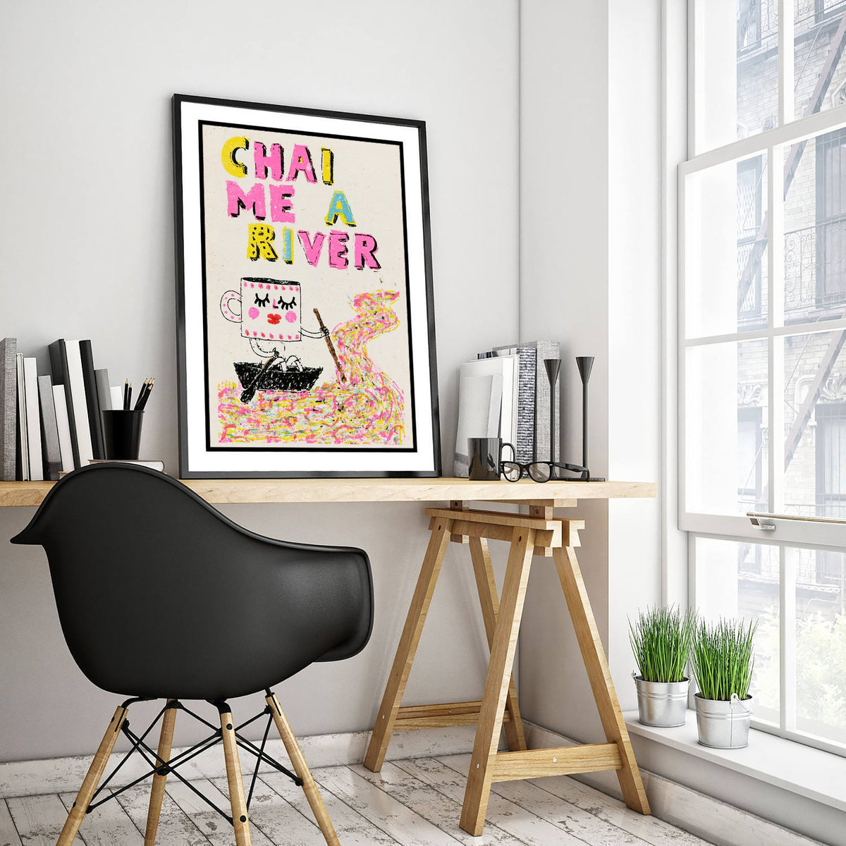 Chai Me a River Art Print - Rowing Teacup Character Poster - Rainbow Scribble Tea Illustration