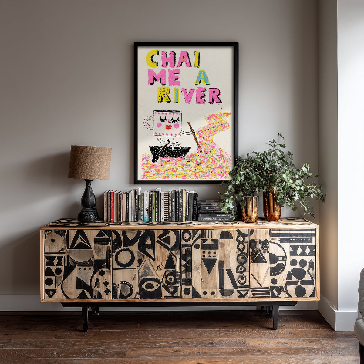 Chai Me a River Art Print - Rowing Teacup Character Poster - Rainbow Scribble Tea Illustration