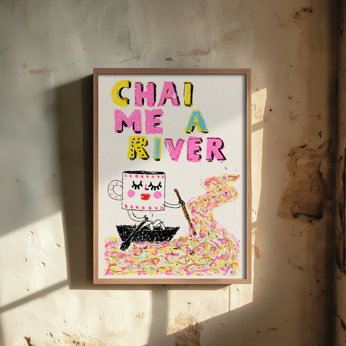 Chai Me a River Art Print - Rowing Teacup Character Poster - Rainbow Scribble Tea Illustration