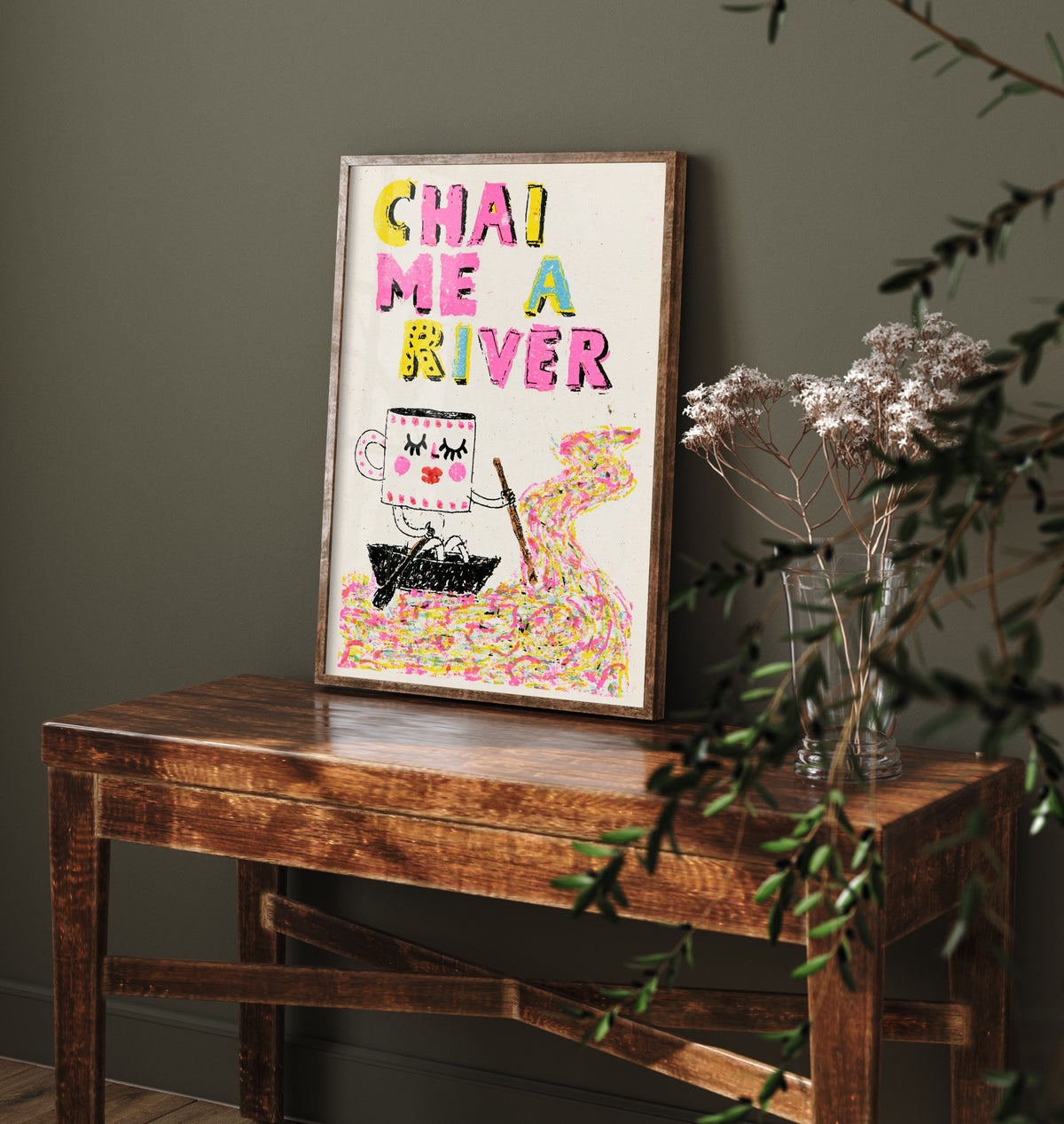 Chai Me a River Art Print - Rowing Teacup Character Poster - Rainbow Scribble Tea Illustration