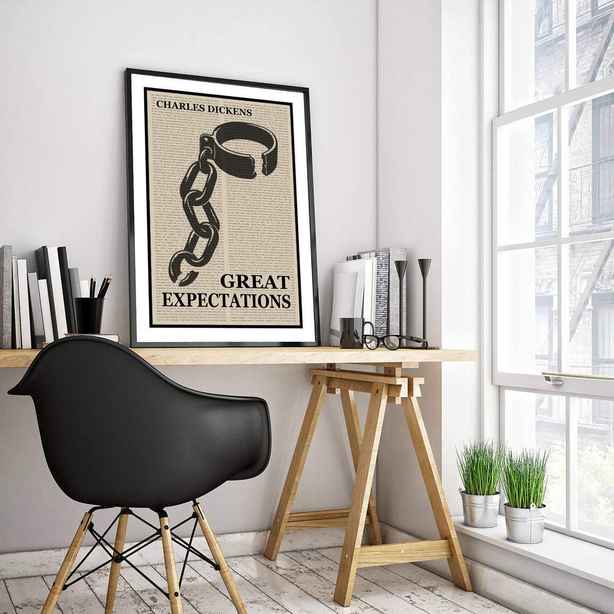 Great Expectations by Charles Dickens Art Print - Novel Text Book Cover Poster - Convict Leg Iron and Chain Illustration