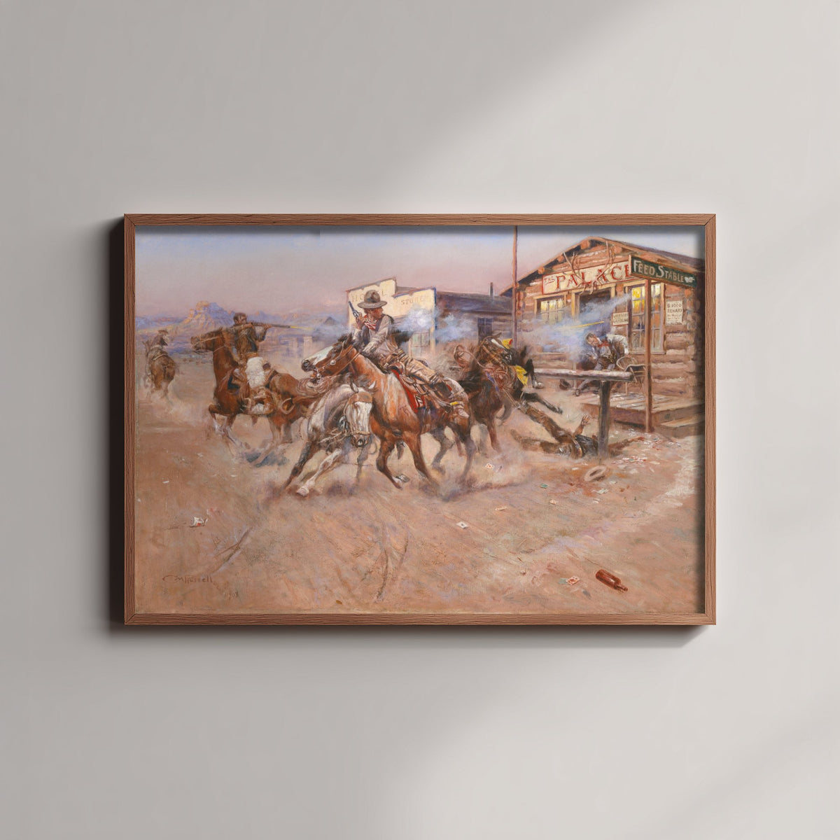 Charles Marion Russell - Smoke of a .45 (1908) - Classic Painting Art Print - Cowboys Shootout Frontier Town Horses Poster