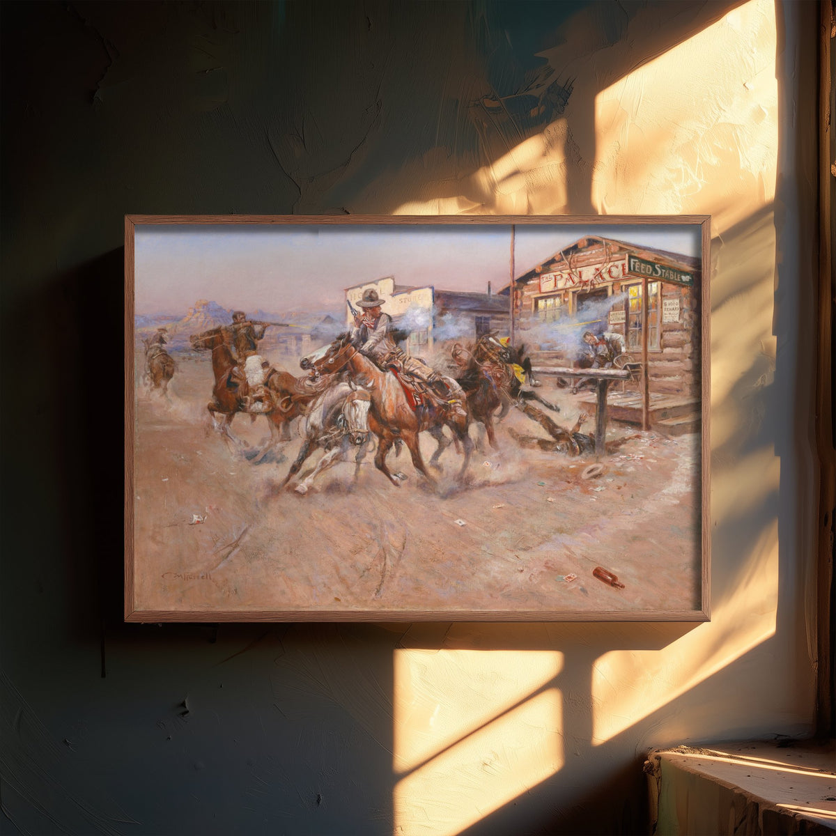 Charles Marion Russell - Smoke of a .45 (1908) - Classic Painting Art Print - Cowboys Shootout Frontier Town Horses Poster