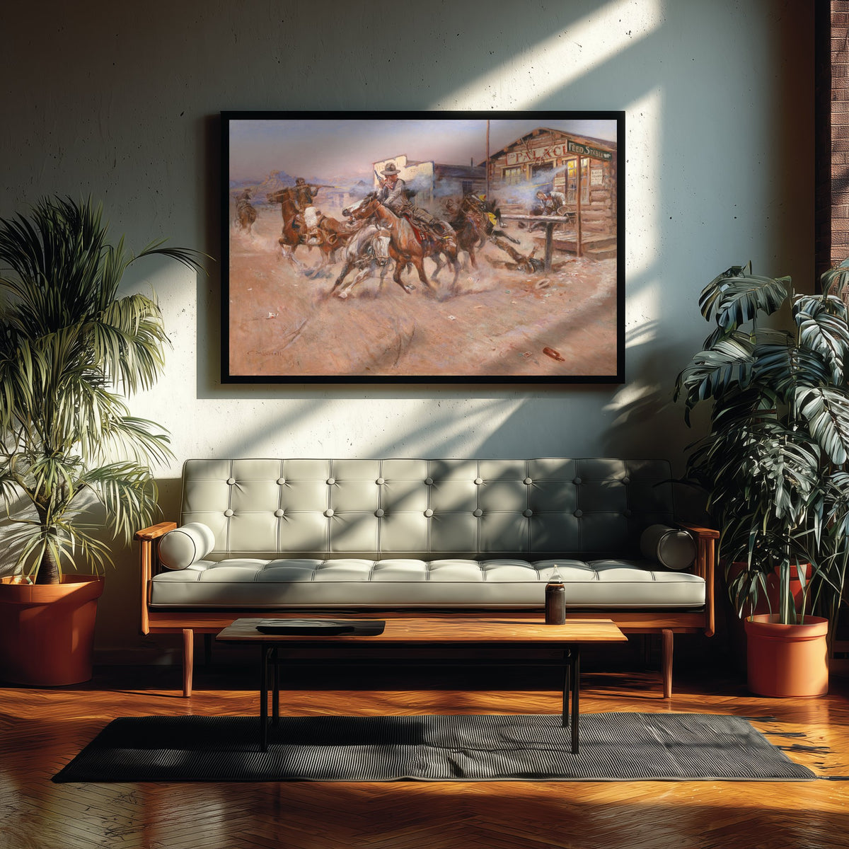 Charles Marion Russell - Smoke of a .45 (1908) - Classic Painting Art Print - Cowboys Shootout Frontier Town Horses Poster