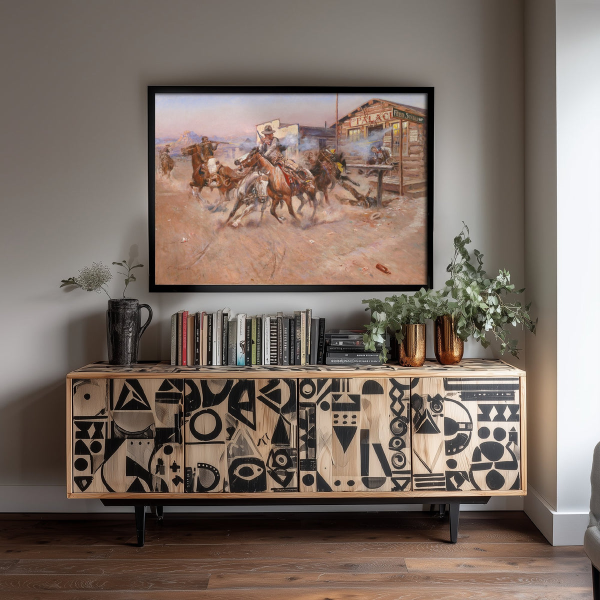 Charles Marion Russell - Smoke of a .45 (1908) - Classic Painting Art Print - Cowboys Shootout Frontier Town Horses Poster