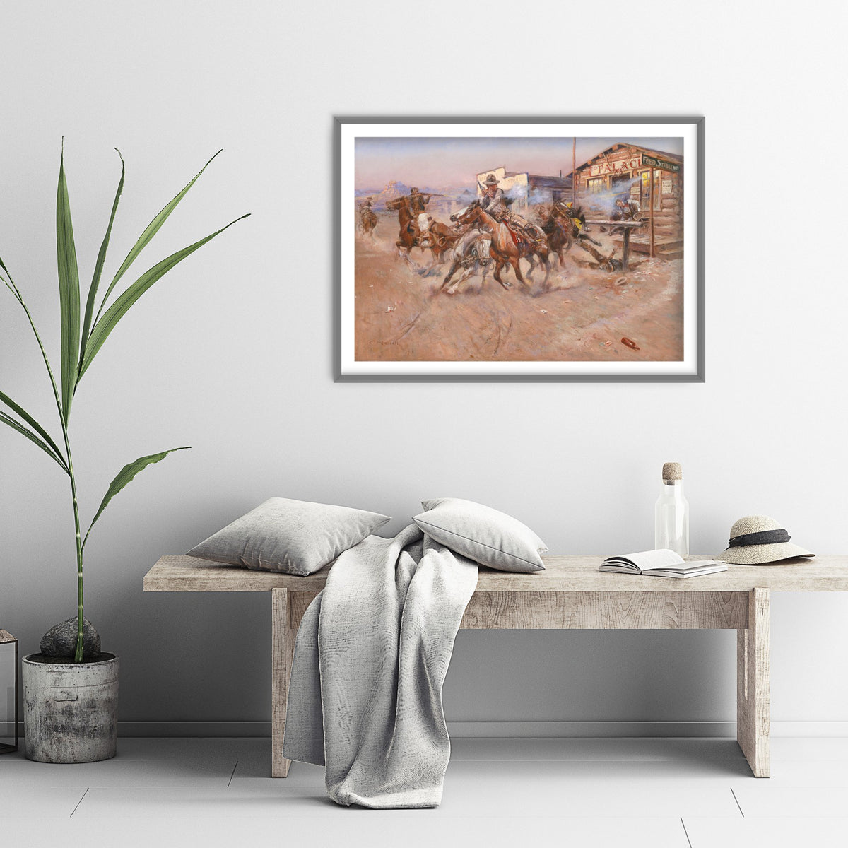 Charles Marion Russell - Smoke of a .45 (1908) - Classic Painting Art Print - Cowboys Shootout Frontier Town Horses Poster