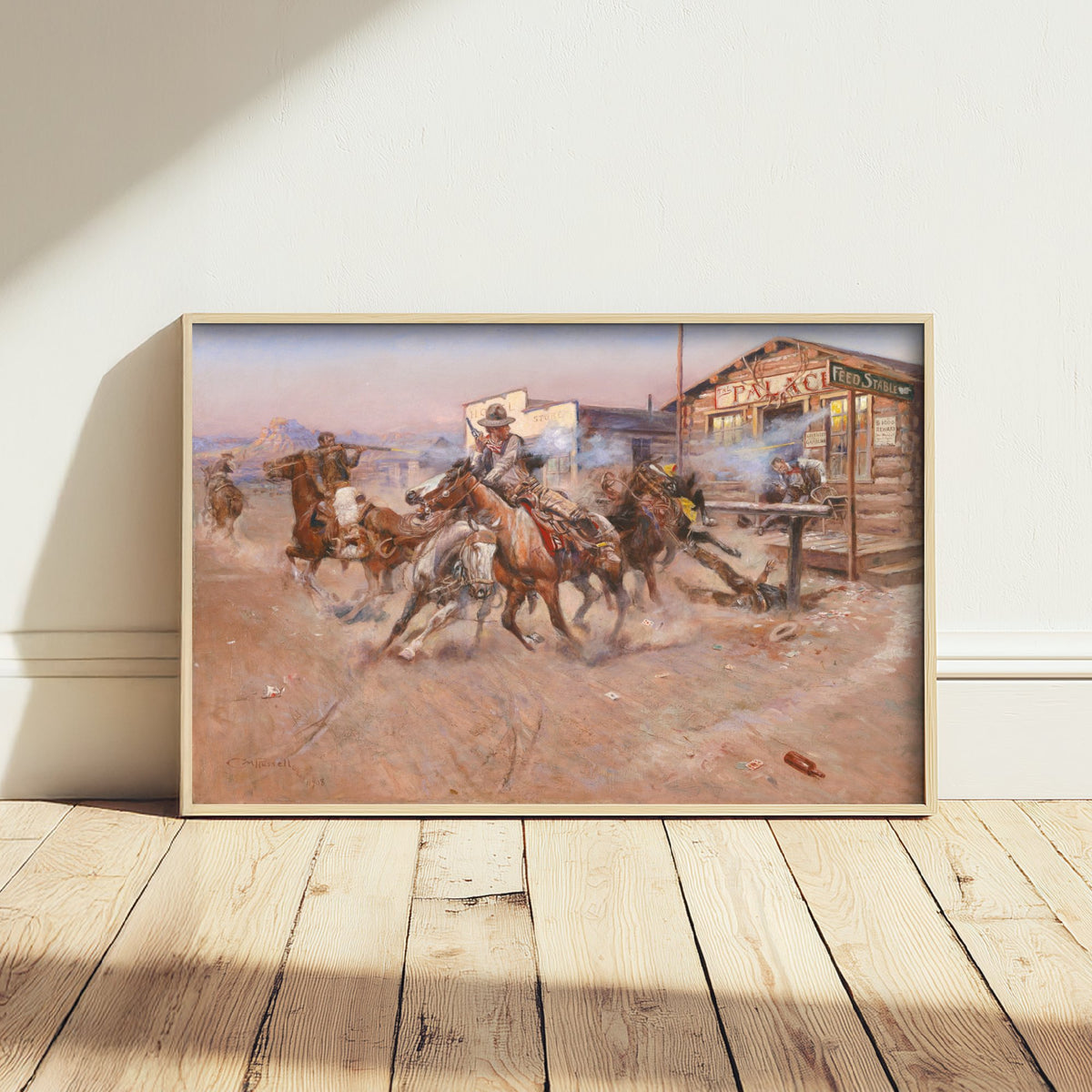 Charles Marion Russell - Smoke of a .45 (1908) - Classic Painting Art Print - Cowboys Shootout Frontier Town Horses Poster