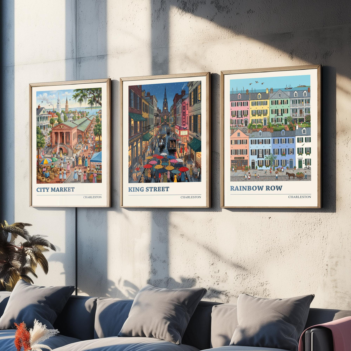 Charleston Set of Three Art Prints - City Market, King Street, Rainbow Row - 3 Folk Illustration Travel Posters - Southern Painting