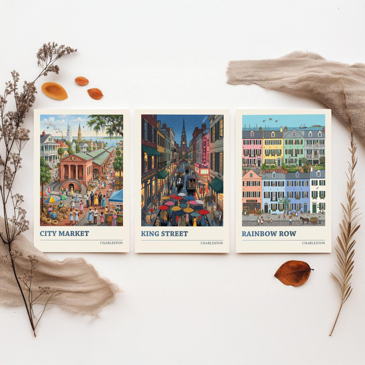Charleston Set of Three Art Prints - City Market, King Street, Rainbow Row - 3 Folk Illustration Travel Posters - Southern Painting