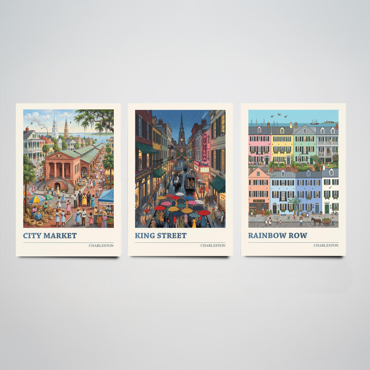 Charleston Set of Three Art Prints - City Market, King Street, Rainbow Row - 3 Folk Illustration Travel Posters - Southern Painting