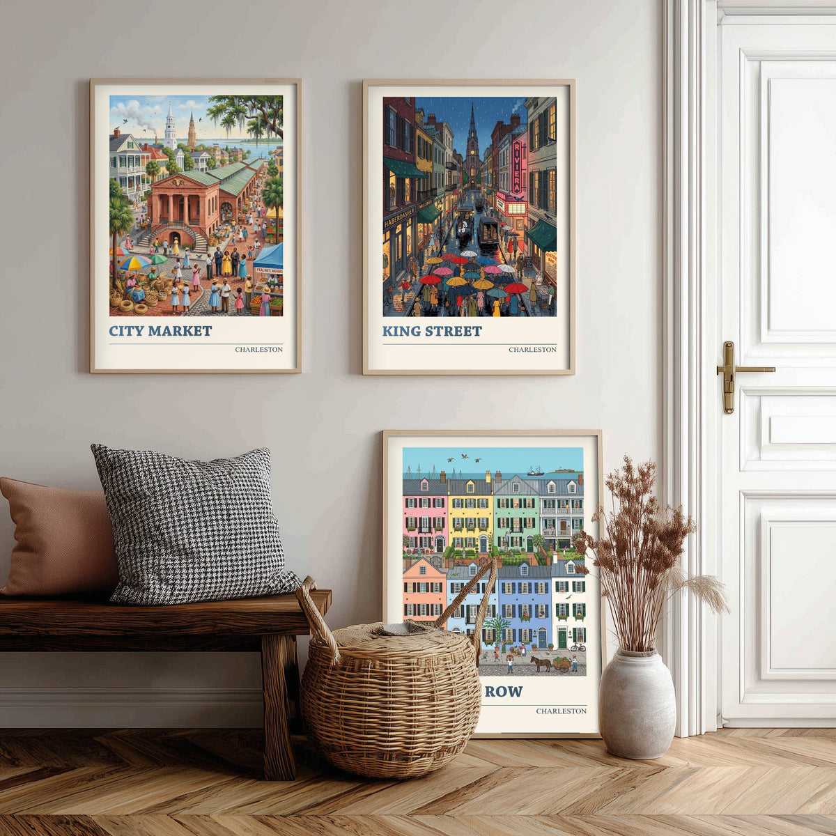 Charleston Set of Three Art Prints - City Market, King Street, Rainbow Row - 3 Folk Illustration Travel Posters - Southern Painting