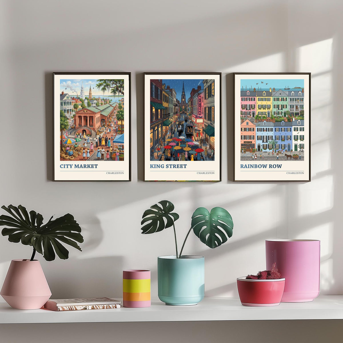 Charleston Set of Three Art Prints - City Market, King Street, Rainbow Row - 3 Folk Illustration Travel Posters - Southern Painting