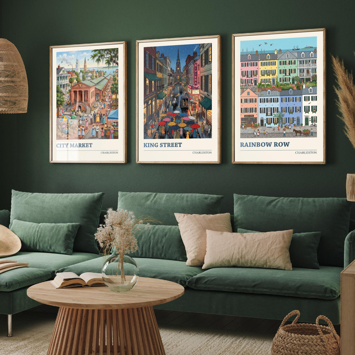 Charleston Set of Three Art Prints - City Market, King Street, Rainbow Row - 3 Folk Illustration Travel Posters - Southern Painting
