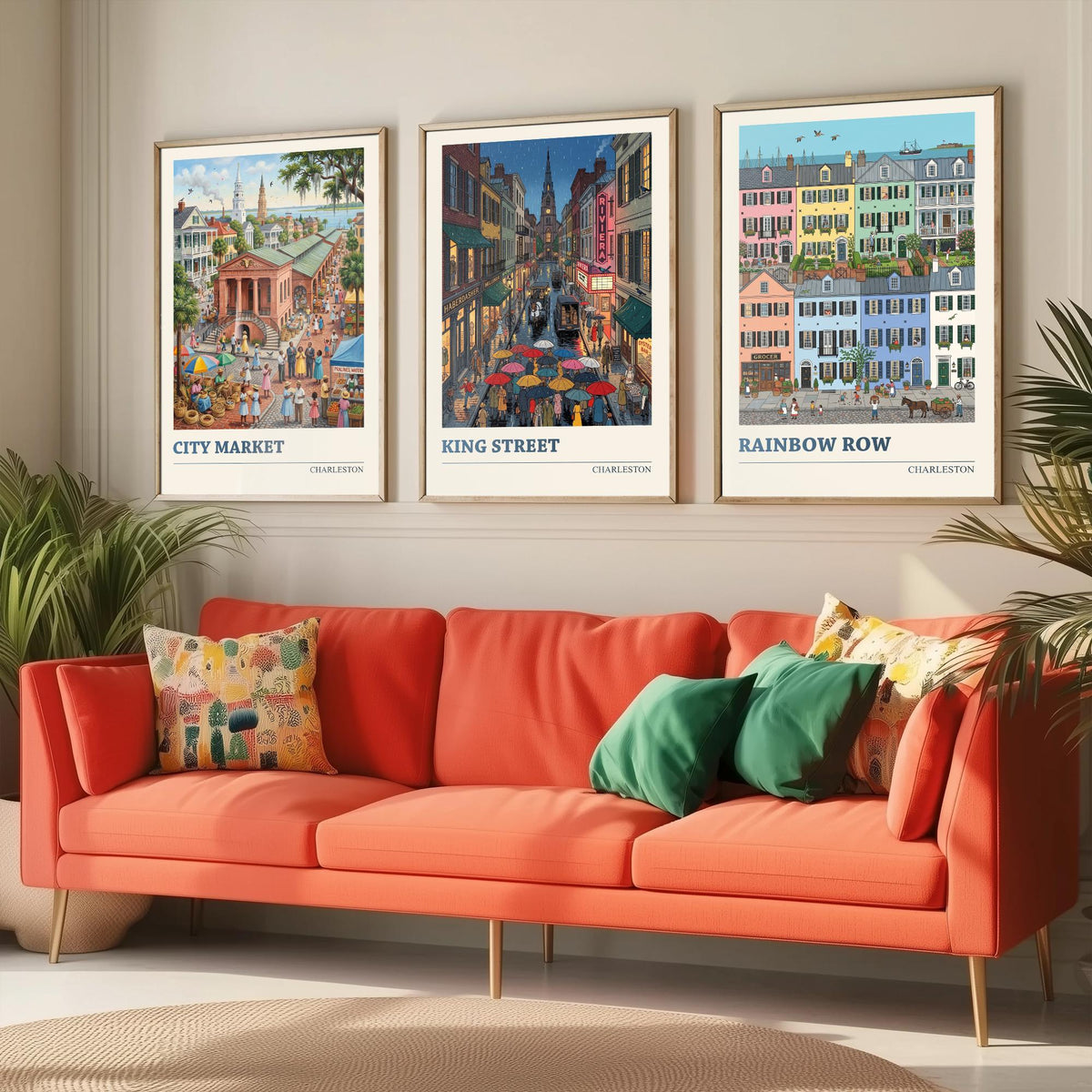 Charleston Set of Three Art Prints - City Market, King Street, Rainbow Row - 3 Folk Illustration Travel Posters - Southern Painting