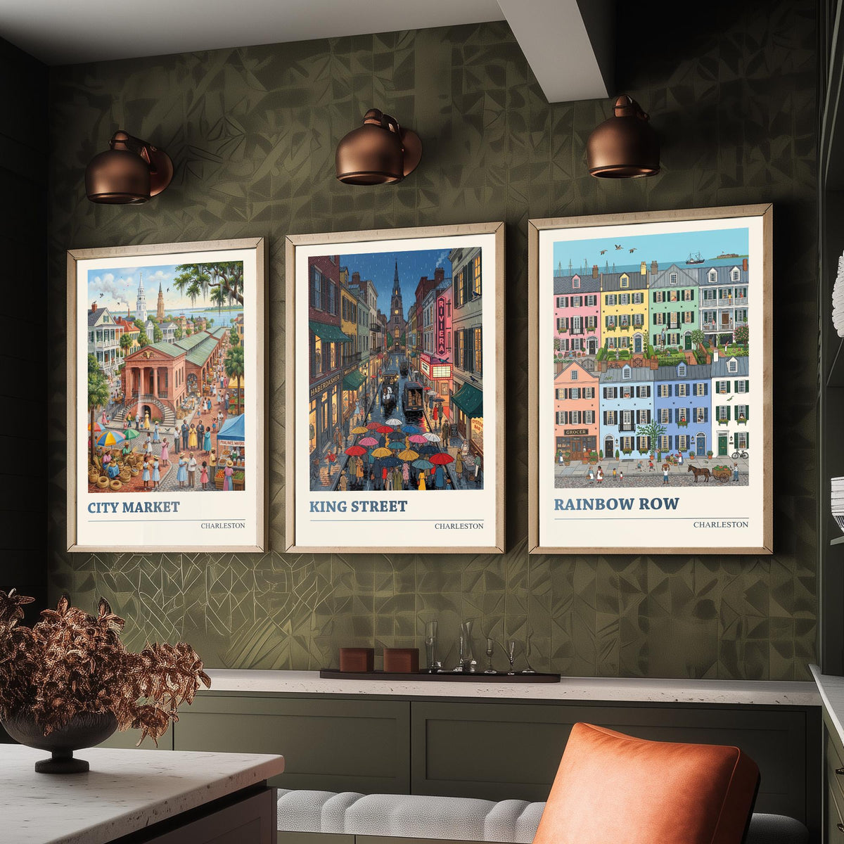 Charleston Set of Three Art Prints - City Market, King Street, Rainbow Row - 3 Folk Illustration Travel Posters - Southern Painting